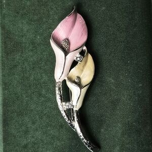 Vintage Premier Calla Lily Silver Tone Brooch Pink Cream Enamel Rhinestones
